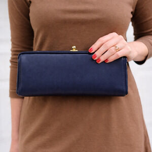 Vintage 80s Navy Blue Vinyl Clutch Purse with Attached Coin Pouches